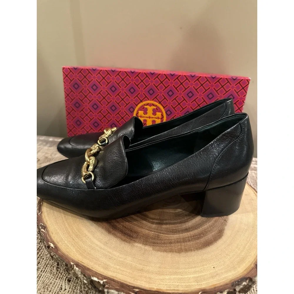 Tory Burch Women's Jessa Leather Heeled Loafer Black Block Heel Gold Links 9.5